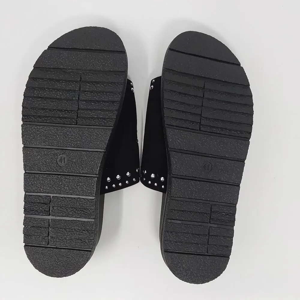 Women's Black Studded Double Buckle Platform Slide Sandals US 10.5 EU 41 New